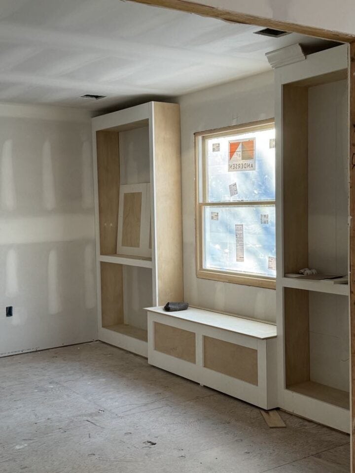 dining room window seat and shelves