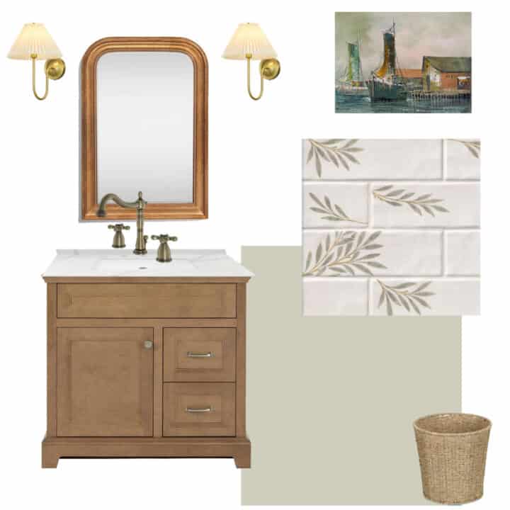 julias-bathroom-design-board-720x720-1 bathroom mood board with wood vanity and green accents