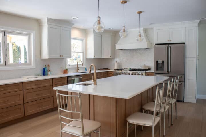 modern-kitchen-wood-cabinets-white-upper-cabinets - white and brown kitchen cabinets ideas