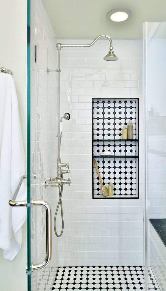 patterned-shower-niche patterned shower niche with black and white tiles