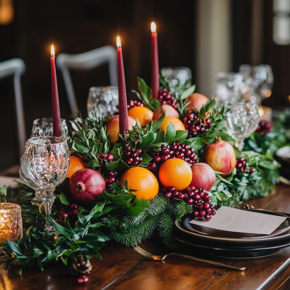 DIY Christmas table centerpieces with fruit and cranberries